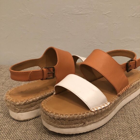 Saludos SIZE 8 Ali Sport Leather Sandals Jute Stitched Camel Tan White - Picture 12 of 12